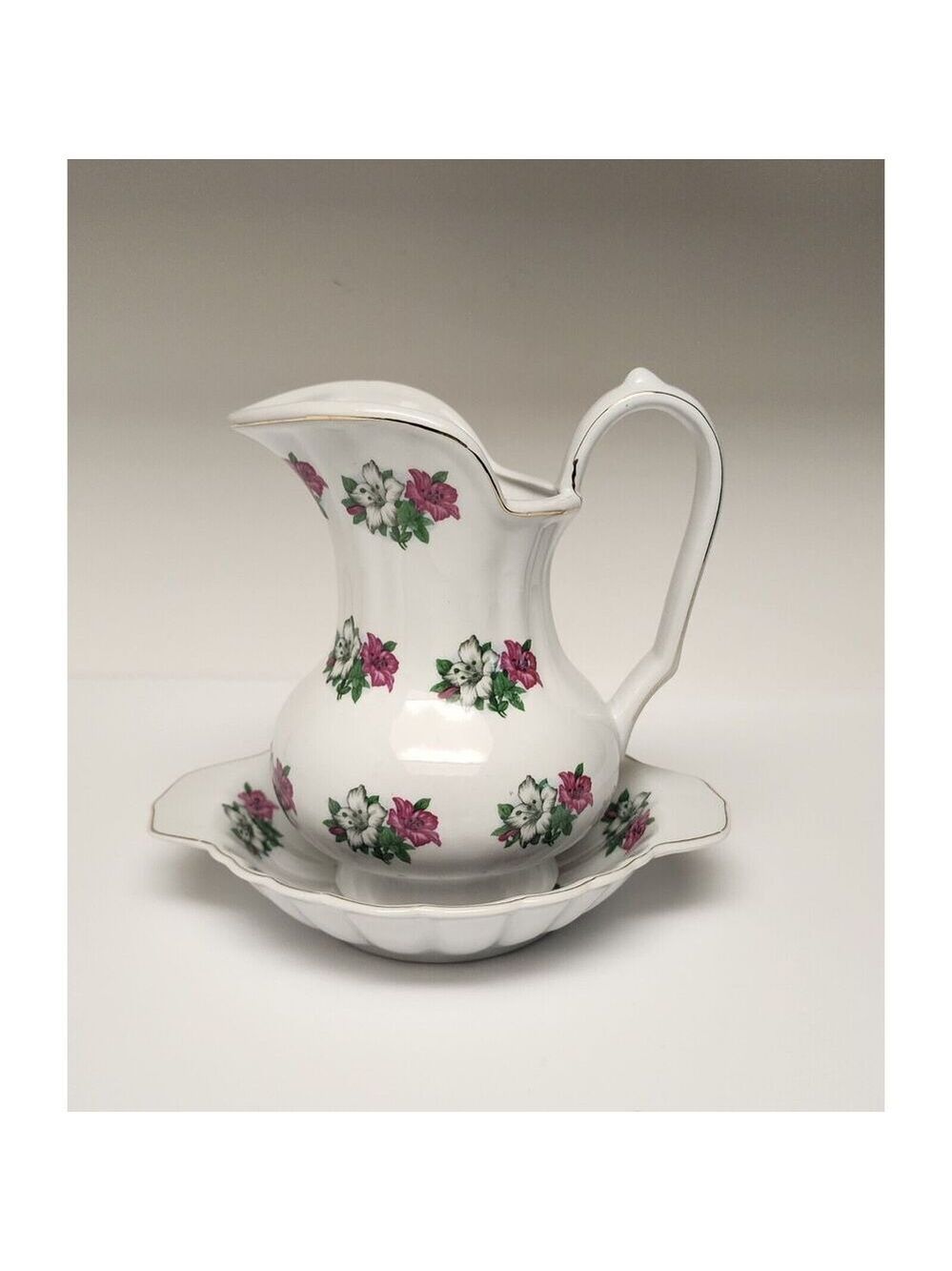 Vintage Rare Find Medium Porcelain 9" Pitcher/Bowl ROSE White & Gold Trim